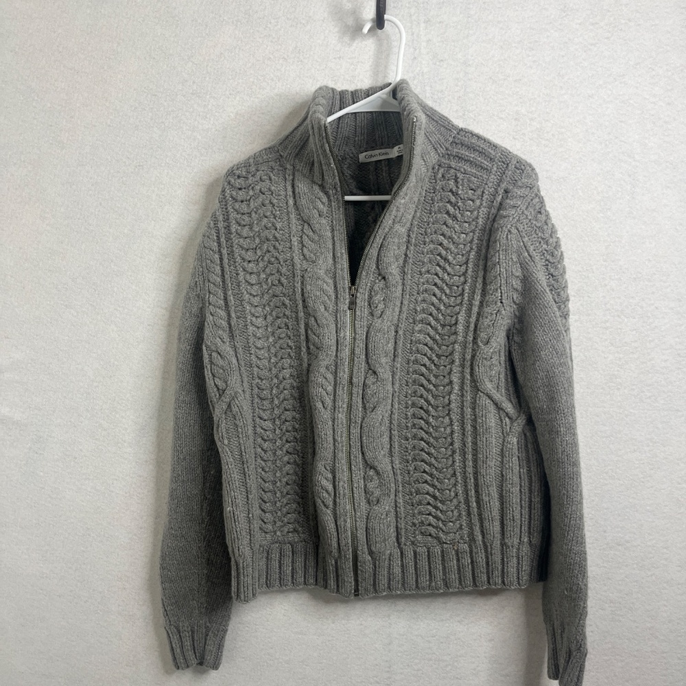 Calvin Klein Gray Cable Knit Full Zip Sweater Jacket Chunky Knit Size M